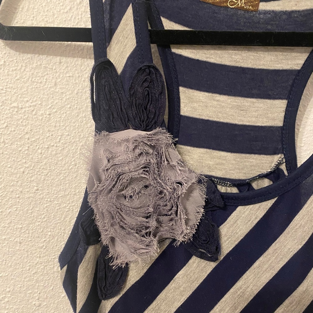 Maxi Dress - Blue and Grey Stripes with Flower